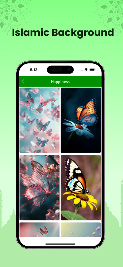 A mobile screen showing a gallery of colorful butterfly and flower wallpapers under the Islamic Background section of the Holy Quran in Thai app.