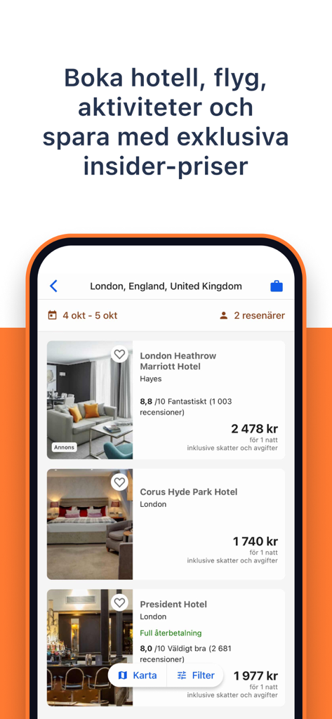 MrJet mobile app displaying hotel search results for London with exclusive insider prices