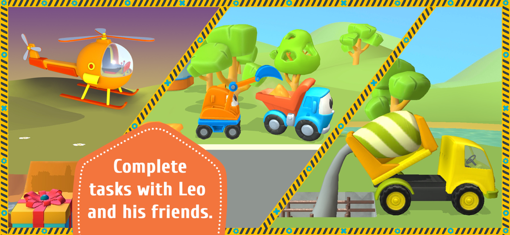 Collage of Leo the Truck game screens showing a helicopter, excavator, dump truck, and cement mixer performing tasks