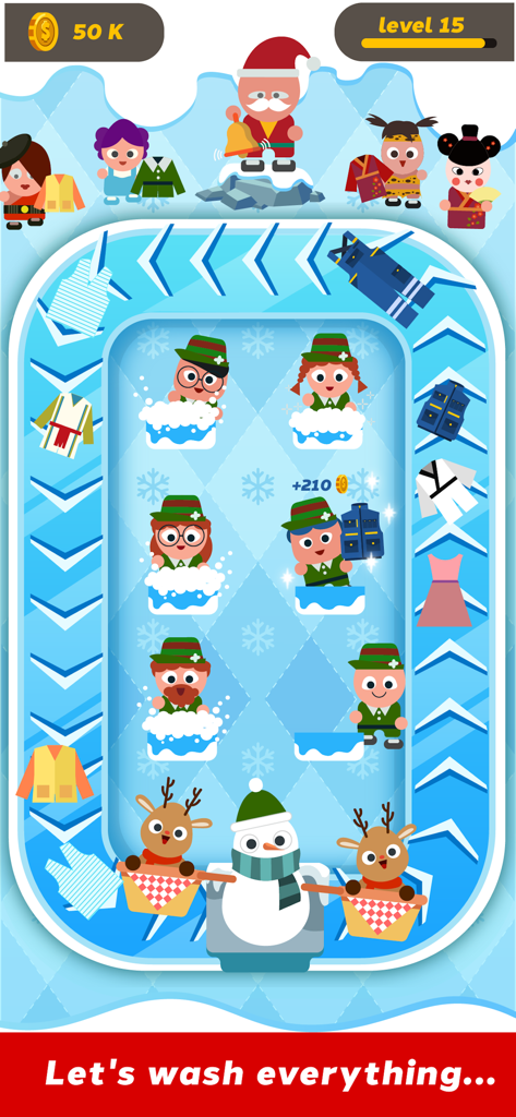 Laundry Idle - 겨울 테마의 Laundry Idle 모바일 게임에서 작업자들이 컨베이어 벨트에서 옷을 세탁하는 모습