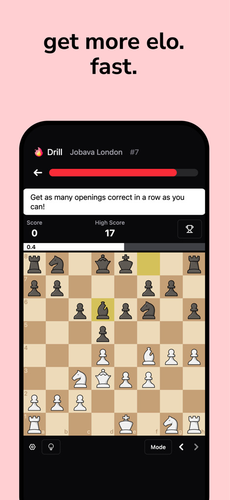 Chessreps mobile app interface showing a chess opening drill for the Jobava London to improve Elo
