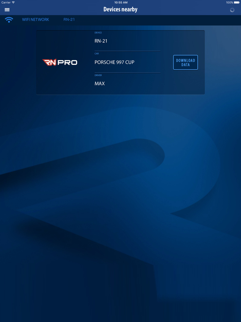 RN Analyzer - RN Analyzer app screen showing a nearby RN 21 device connected to a Porsche 997 Cup for data download