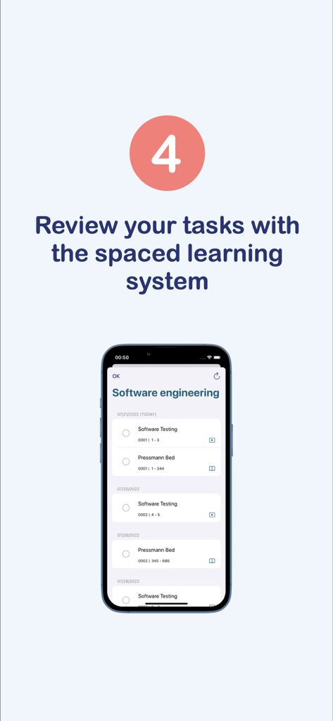 Study Planner: Schedule & task - Interface de l'application Study Planner montrant les tâches planifiées à l'aide d'un système d'apprentissage espacé pour un cours d'ingénierie logicielle.