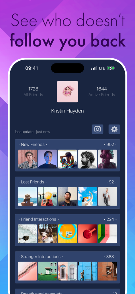Interfaz de la app xView mostrando análisis de seguidores de redes sociales y seguimiento de amigos perdidos