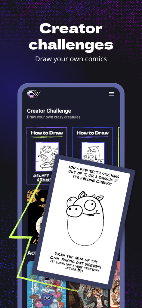 Comixit! - Comics For All Ages - Interface showing comic creator challenges and step-by-step drawing tutorials for kids