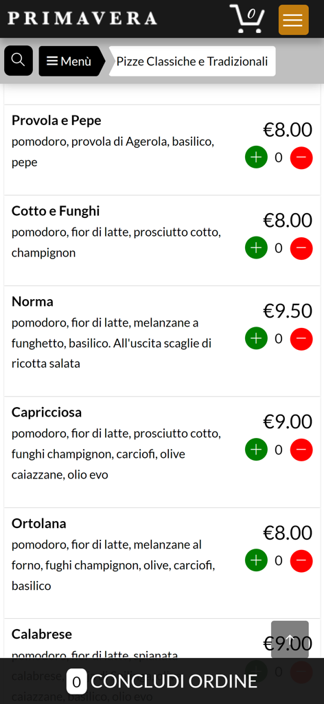 Pizzeria Primavera Firenze - Cardápio digital da Pizzeria Primavera Firenze mostrando uma lista de pizzas italianas tradicionais com preços e botões de pedido.