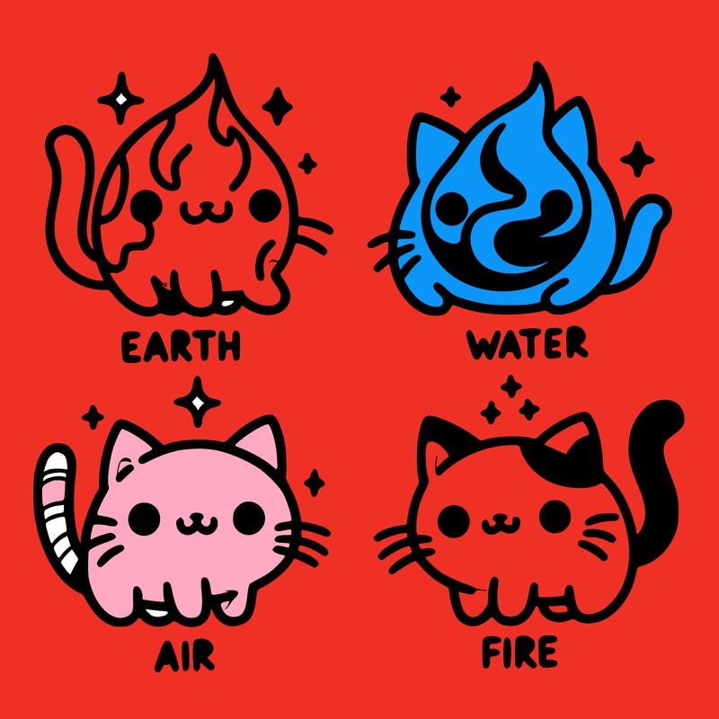 4 cats that represent the different elements, earth, water, air, and fire