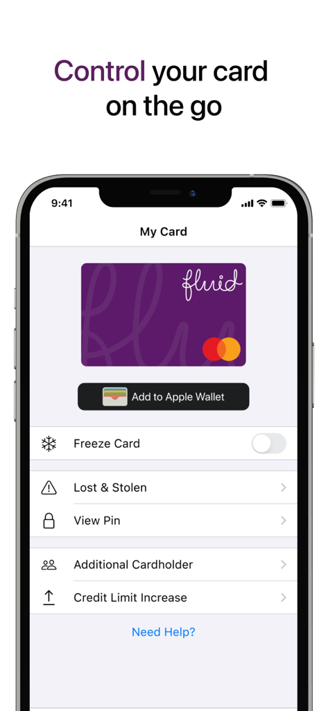 Fluid card mobile app interface showing card security and management options like freezing the card and adding it to Apple Wallet.