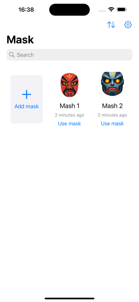AR Mask – Face Fun & Effects - ARマスクアプリのメイン画面。保存されたカスタムフェイスマスクのライブラリと、新しいマスクを追加するオプションが表示されています。