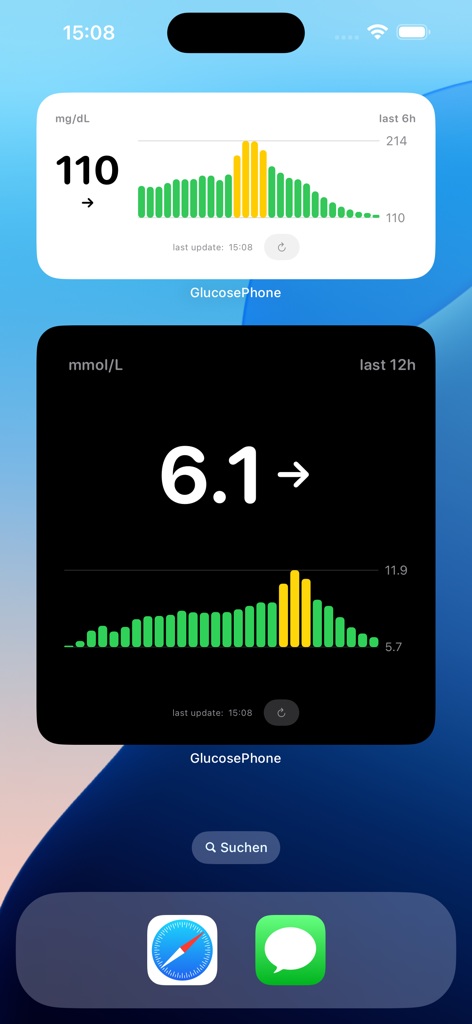 GlucosePhone - GlucosePhone widgets on iPhone home screen showing blood sugar levels and graphs