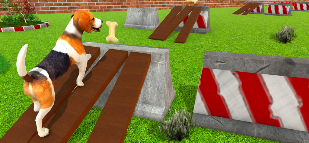 Family Pet Life Dogs Simulator - Un beagle virtual navegando por un curso de entrenamiento de agilidad en una rampa de madera hacia un hueso flotante.