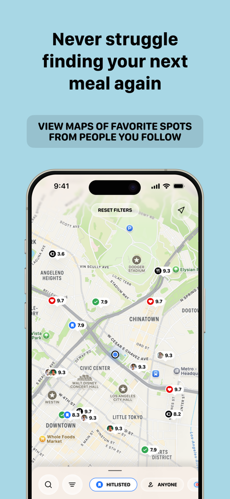 The Biter App - A mobile app map showing restaurant locations and ratings from social media creators in Los Angeles