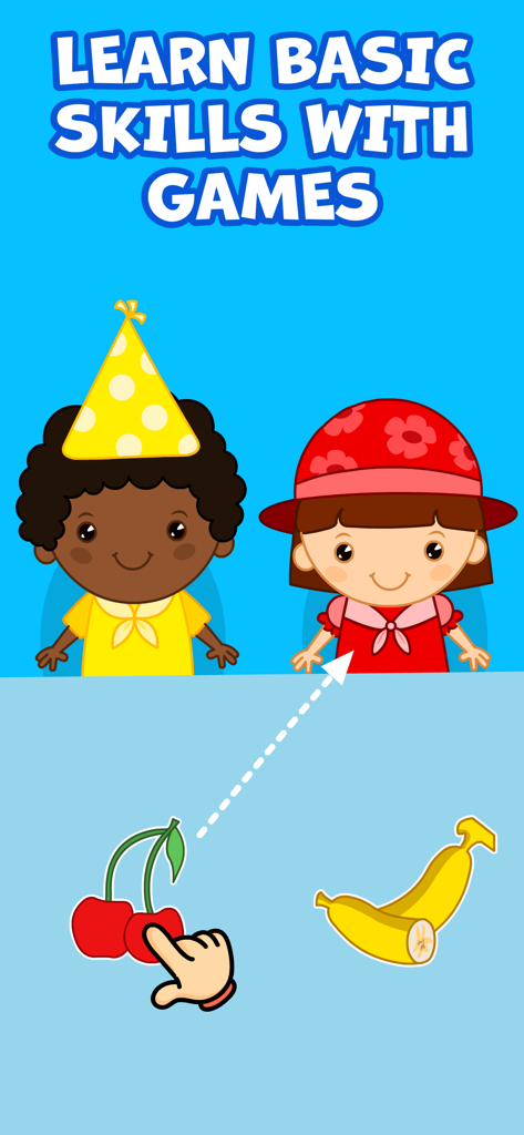 Kids Autism Games - AutiSpark - Educational game for children with autism showing a matching activity with characters and fruit.