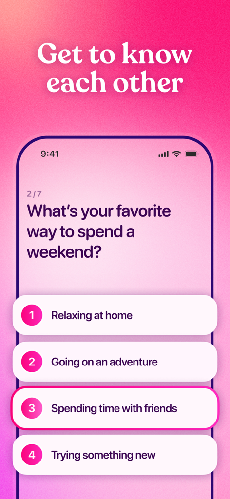 Screenshot of a Couple Joy app quiz asking what's your favorite way to spend a weekend with options like relaxing at home or spending time with friends.