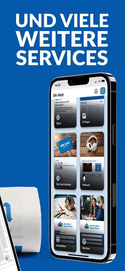 Salzburger Nachrichten - Salzburger Nachrichten app interface showing the SN-Welt section with services like E-Paper and Podcast