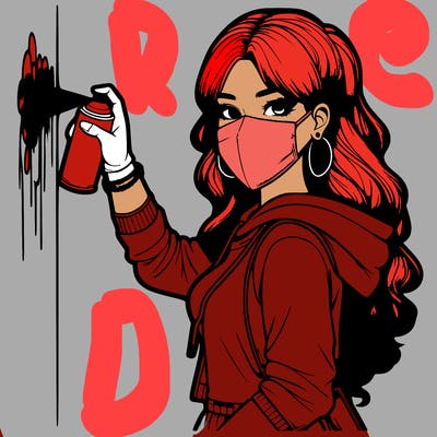 realistic girl with mask spray painting a wall