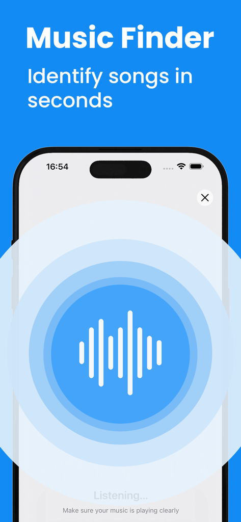 Song Finder: Music Recognition - Interfaz de la aplicación Music Finder que muestra el modo de escucha para identificar canciones en segundos con un icono de onda de sonido azul.
