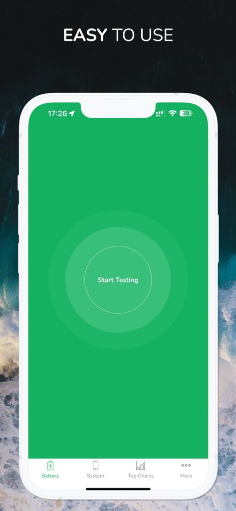 Battery Testing - Main interface of the Battery Testing app on an iPhone showing a simple Start Testing button on a green background with the text Easy To Use above.