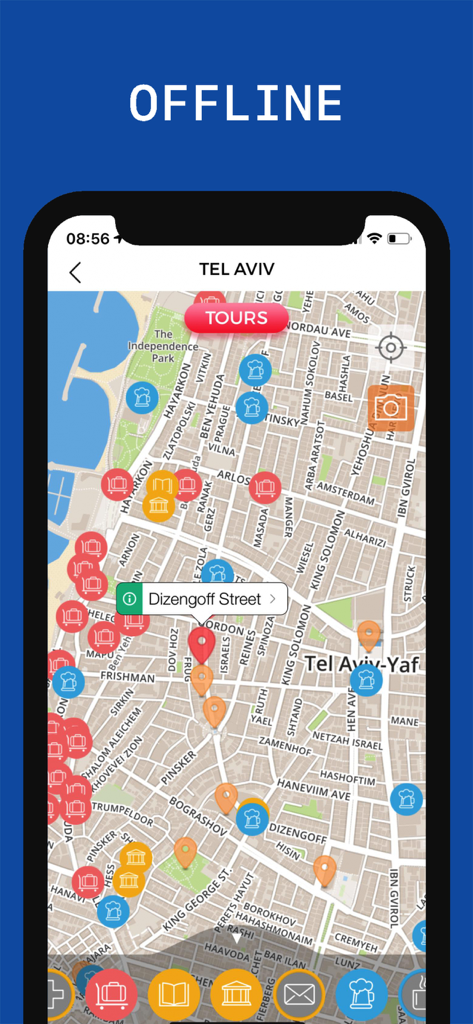 여행 가이드 앱에 관심 지점 아이콘이 표시된 텔아비브의 상세한 오프라인 거리 지도입니다.