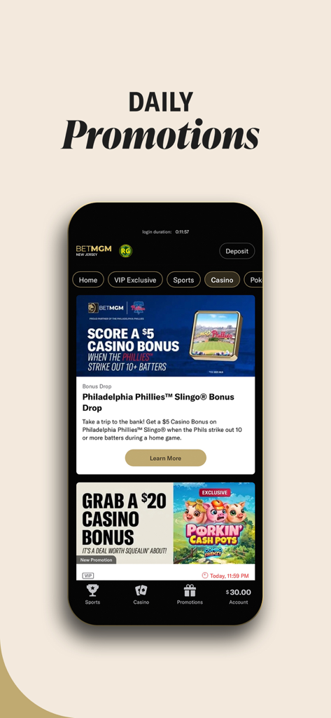 BetMGM Casino app interface showing daily promotions and real money bonuses