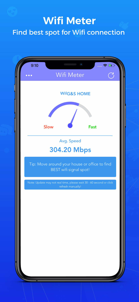 Schermata dello smartphone che mostra l'interfaccia dell'app Wifi Meter con un indicatore di intensità del segnale e una misurazione della velocità media di 304 Mbps