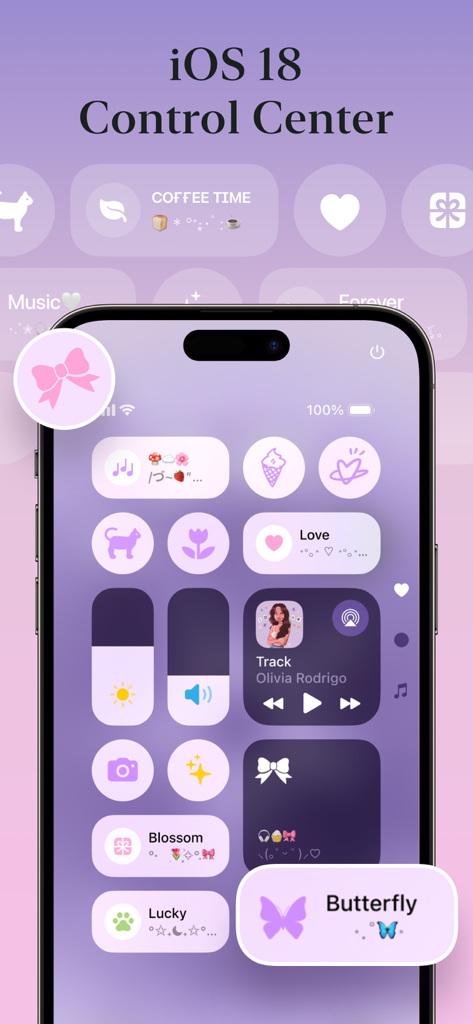 Centro de control personalizado de iOS 18 con un tema estético púrpura e iconos lindos