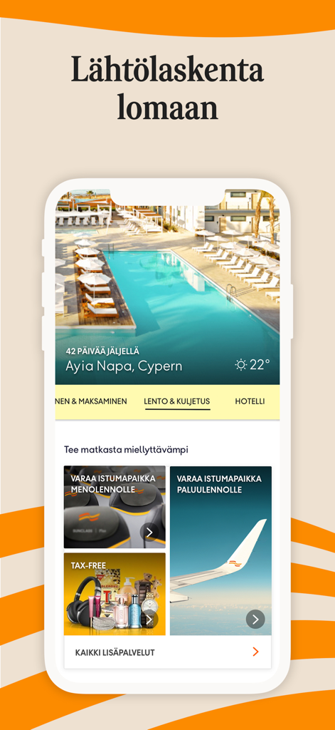 Tjäreborg – Matkat mukanasi - Smartphone screen displaying the Tjareborg travel app with a vacation countdown to Ayia Napa and options for flight seat booking and tax-free shopping.