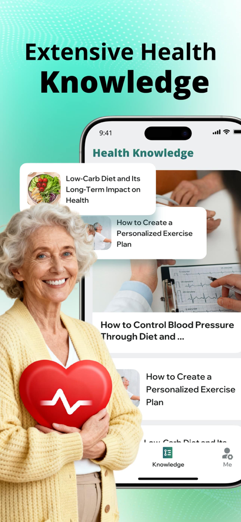 UpHealth:Heart Rate Monitor - 식단과 운동에 대한 건강 교육 기사를 보여주는 스마트폰 화면 옆에서 웃고 있는 노인 여성