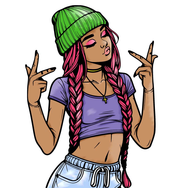 realistic teenage girl with braids and a beanie and crop top doing 🫶🏼