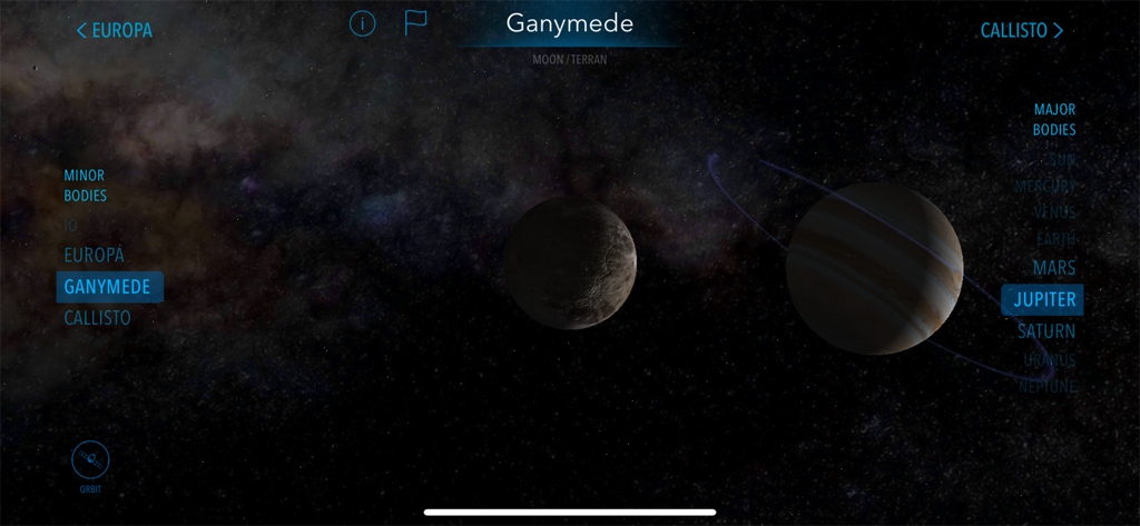 3D visualization of Ganymede and Jupiter in orbit mode within the Cosmic Atlas app.