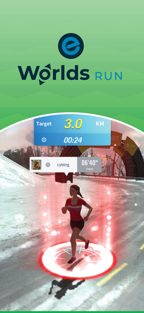 Weiblicher Avatar läuft in einer virtuellen verschneiten Umgebung in der Echelon Worlds App