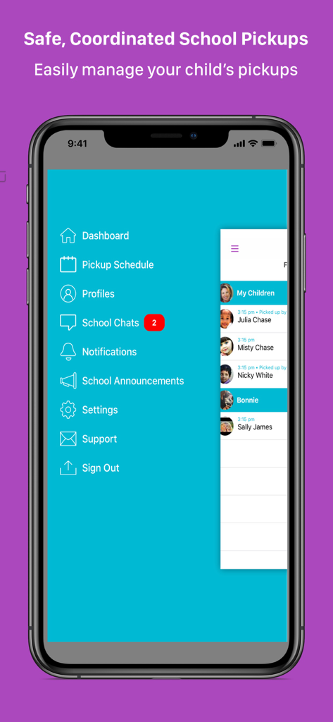 FetchKids For Schools, Parents - Mobile App-Oberfläche für FetchKids mit einem Menü für Abholpläne, Schul-Chats und Status-Updates für Kinder