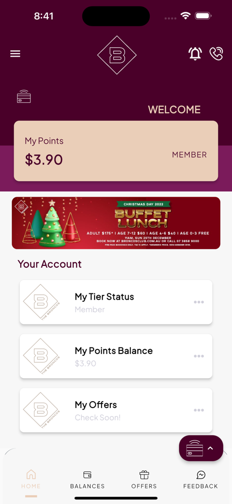 Broncos Leagues Club - Broncos Leagues Club app dashboard showing member points balance and account status