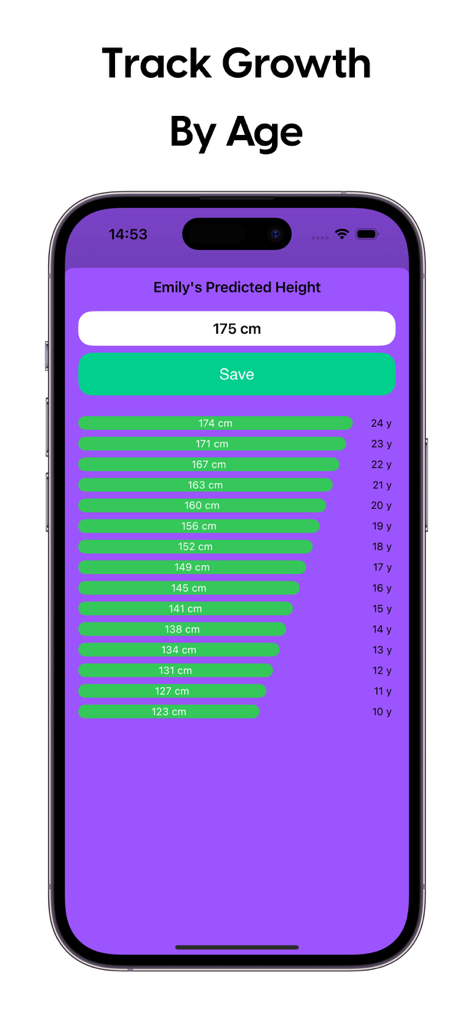 Height Predictor App - A mobile screen showing a child's predicted height growth chart from age 10 to 24 with a final estimate of 175 cm.