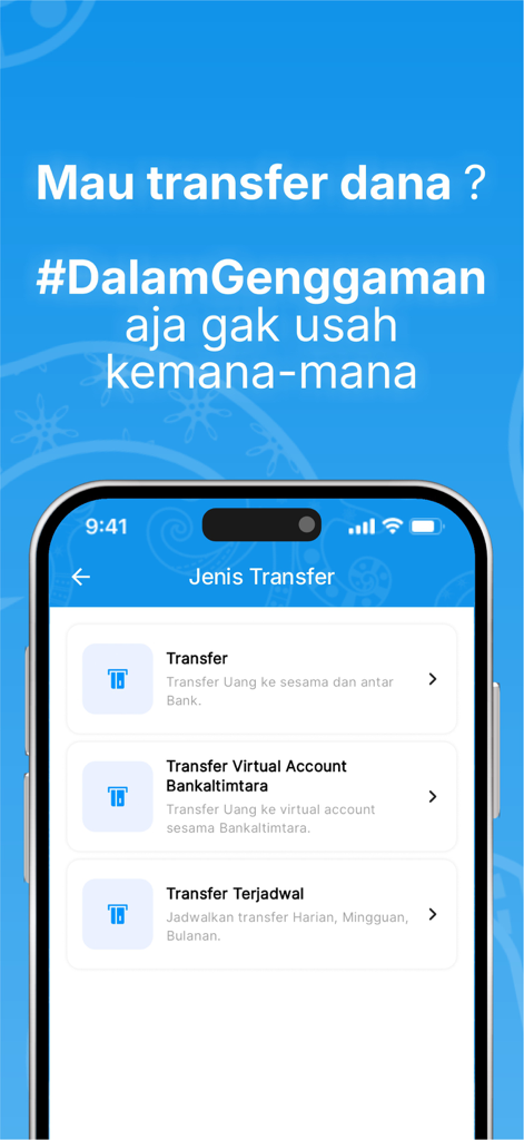 DG by Bankaltimtara - DG by Bankaltimtara mobile app interface showing transfer options including regular virtual account and scheduled transfers