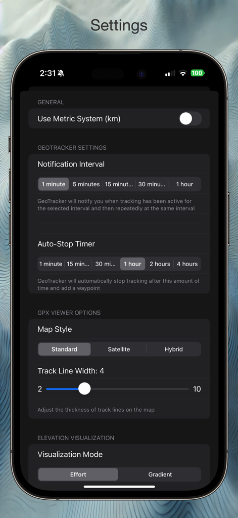 Geo Tracker: GPS Tracking - Einstellungsbildschirm der Geo Tracker GPS Tracking App, der den Kartenstil und die Optionen für das Benachrichtigungsintervall anzeigt