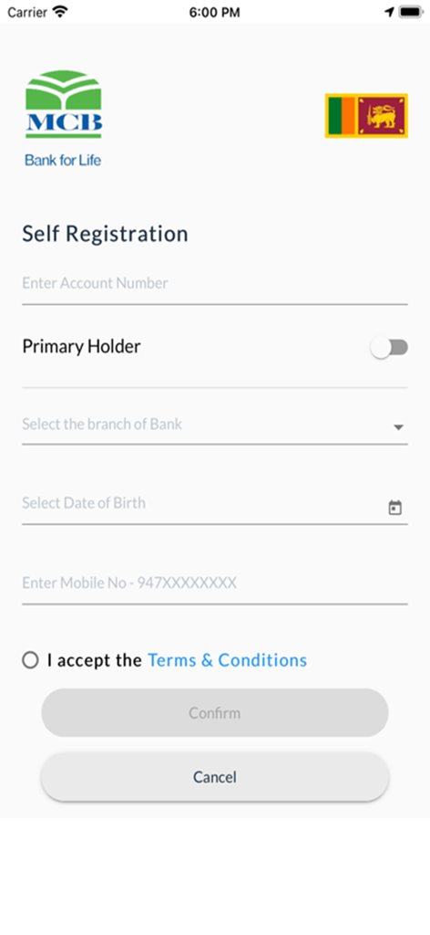 MCB Sri Lanka Mobile Banking - MCBスリランカ モバイルバンキングアプリのセルフ登録フォーム