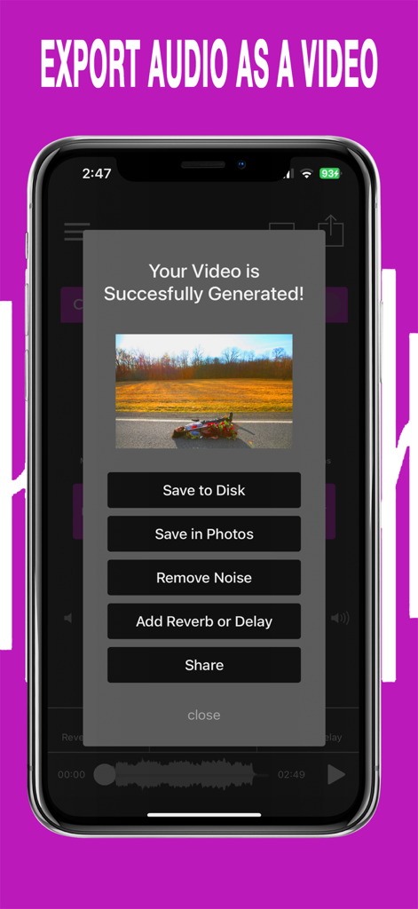 AudioVerb app interface showing a confirmation message for successfully generating a video from audio with various export and share options
