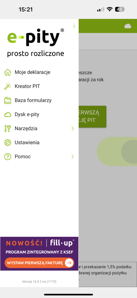 Side navigation menu of the e-pity mobile app showing Polish tax filing options