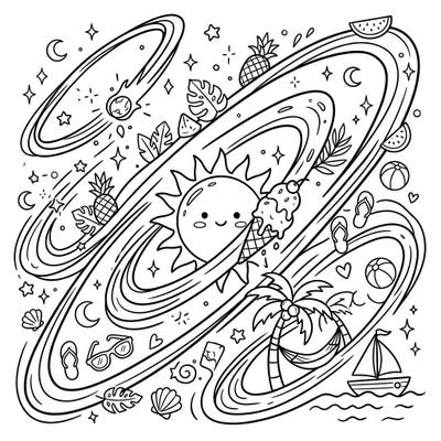 Dive into a unique coloring experience where celestial comet orbits meet the vibrant energy of summer vacation. This delightful page features a happy sun, ice cream, and beachy treasures waiting for your creative touch.