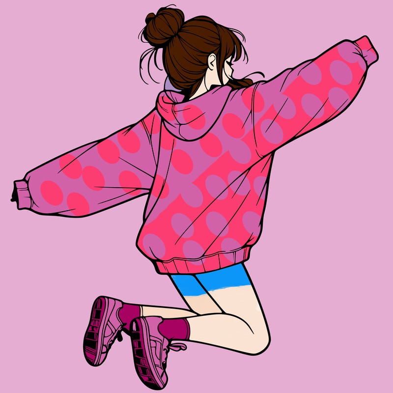 realistic girl jumping with a bun and oversized sweatshirt