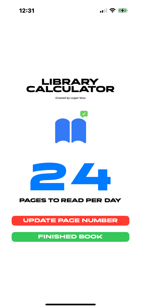 Library Calculator - Interface of the Library Calculator app displaying a daily reading goal of 24 pages with buttons to update progress