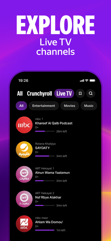 Yango Play: Movies and series - Interfaz de la aplicación móvil Yango Play que muestra la lista de canales de TV en vivo para programación árabe