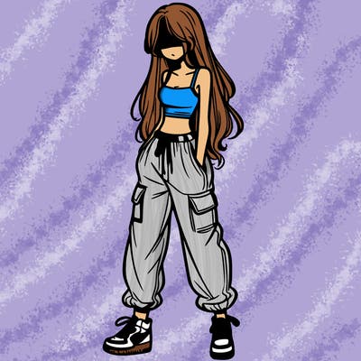 girl in baggy pants crop top and long hair