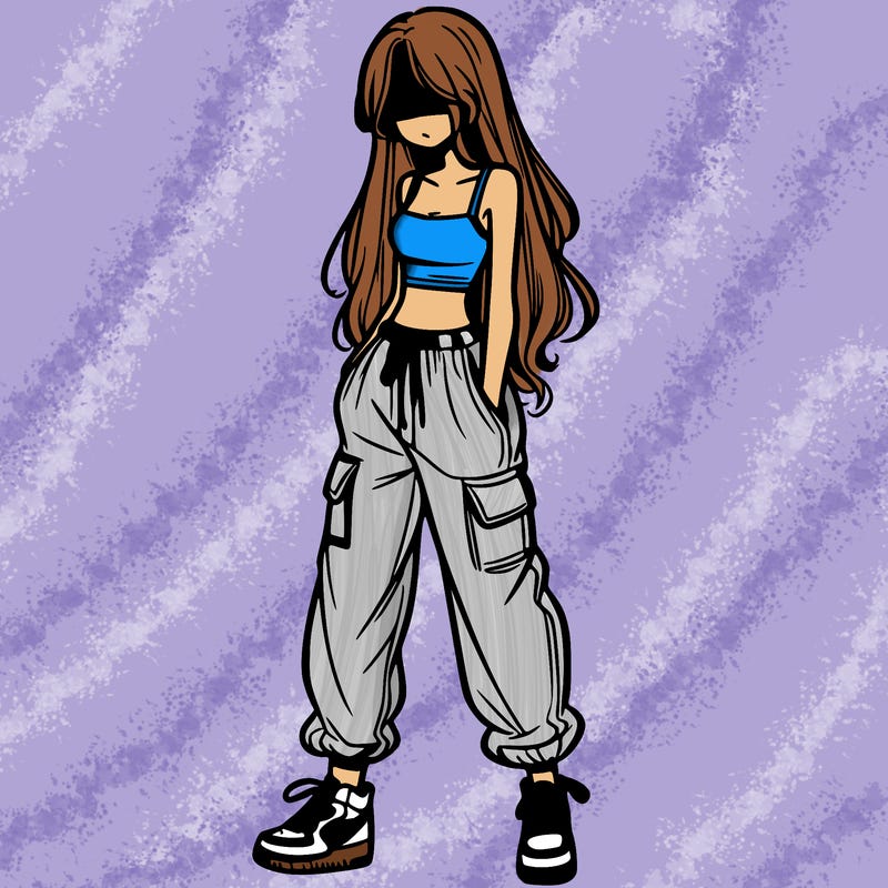 girl in baggy pants crop top and long hair