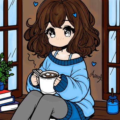 cute anime girl reading book and drinking hot chocolate from mug with loose wavy hair wearing a baggy sweatshirt and shorts sitting by windowsill looking out