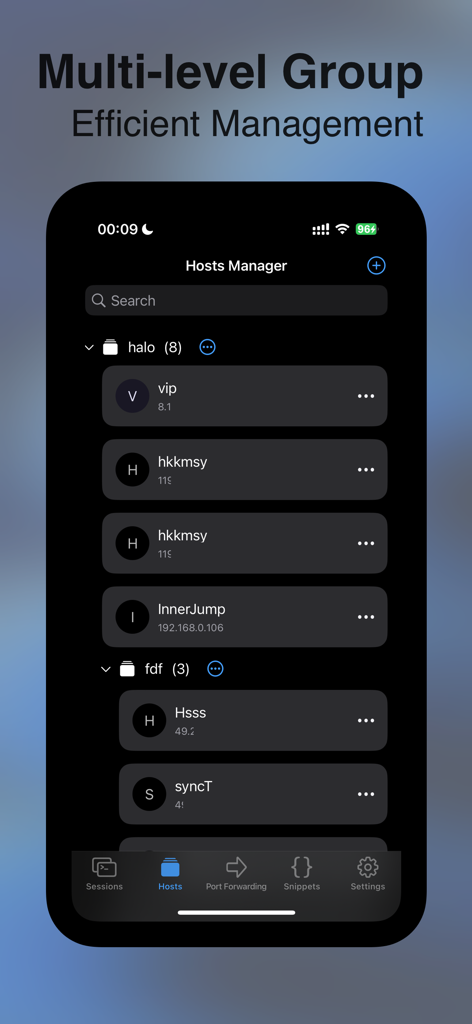 Nex Terminal hosts manager interface showing organized server groups on iPhone