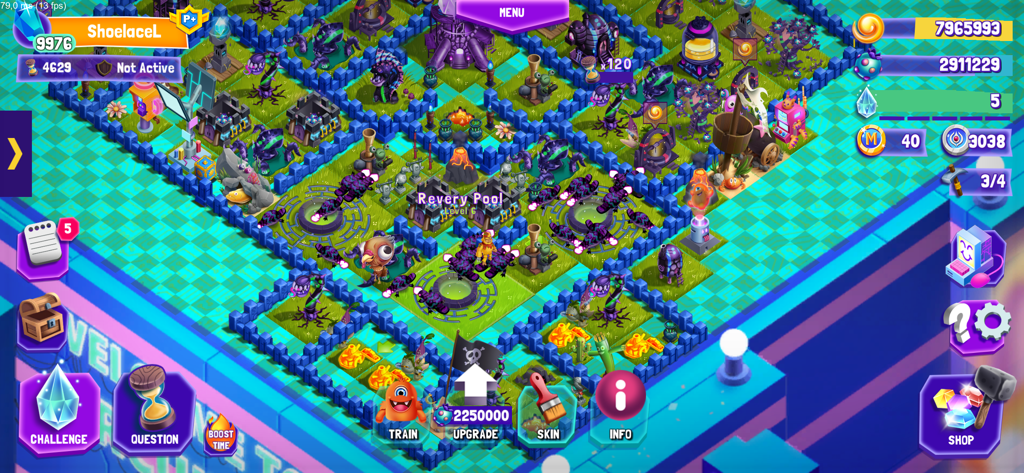 DreamscapeEDU - A top-down view of a colorful player base in DreamscapeEDU featuring walls structures and various game UI elements