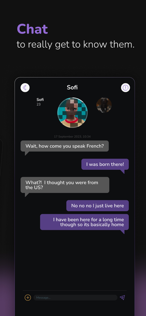 HiMoon: LGBTQ+ Dating & Chat - Chat screen in the HiMoon app showing a blurred profile picture and text conversation