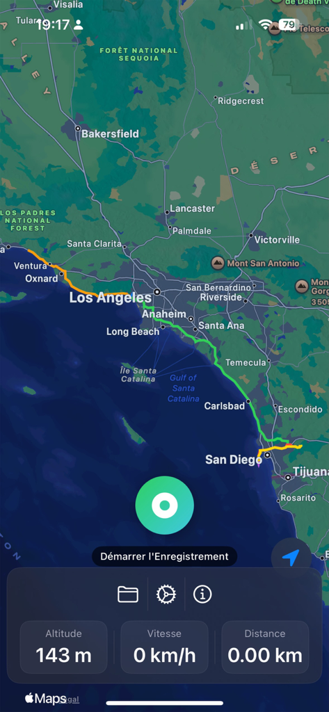 GPS Trace - Track & Record - A screenshot of the GPS Trace app showing a tracked route on a map of Southern California with altitude and distance metrics.